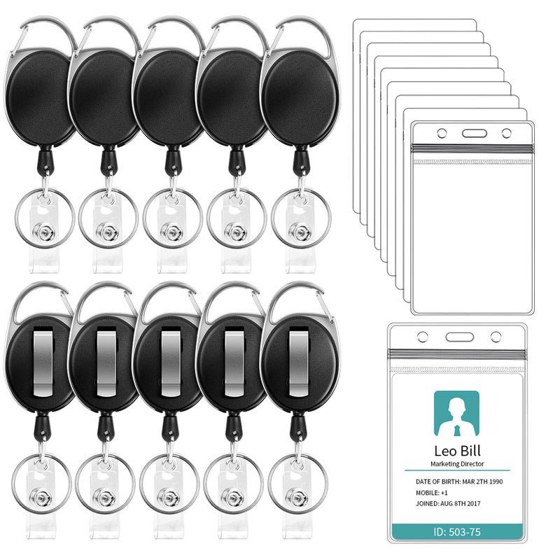 Puroma 10 Pack Badge Holder with Carabiner Badge Reel and Clip Retractable Heavy Duty, Clear ID badge holder with Waterproof Vertical Lanyard, Name Badge Holders with Key Ring for Card Holder Keychain - Image 1