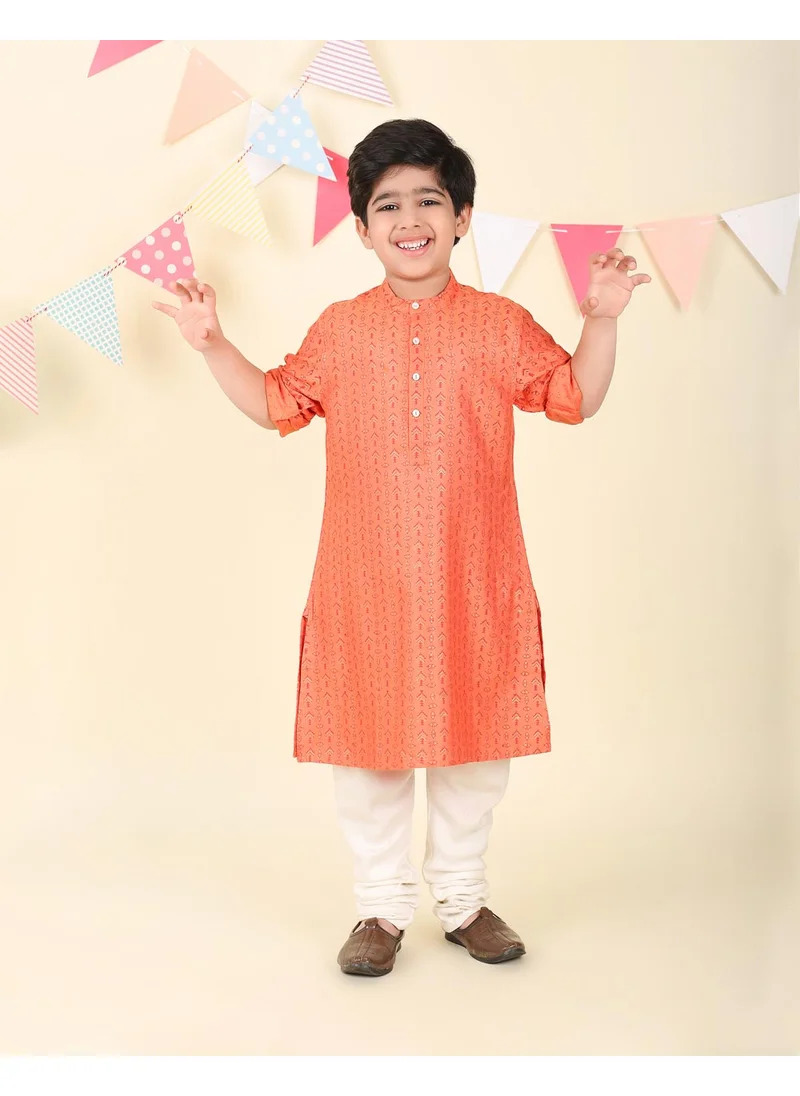 Fabindia Orange Viscose Blend Hand Block Printed Long Kurta