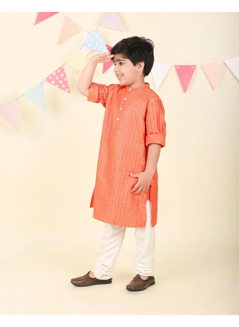 فاب انديا Orange Viscose Blend Hand Block Printed Long Kurta