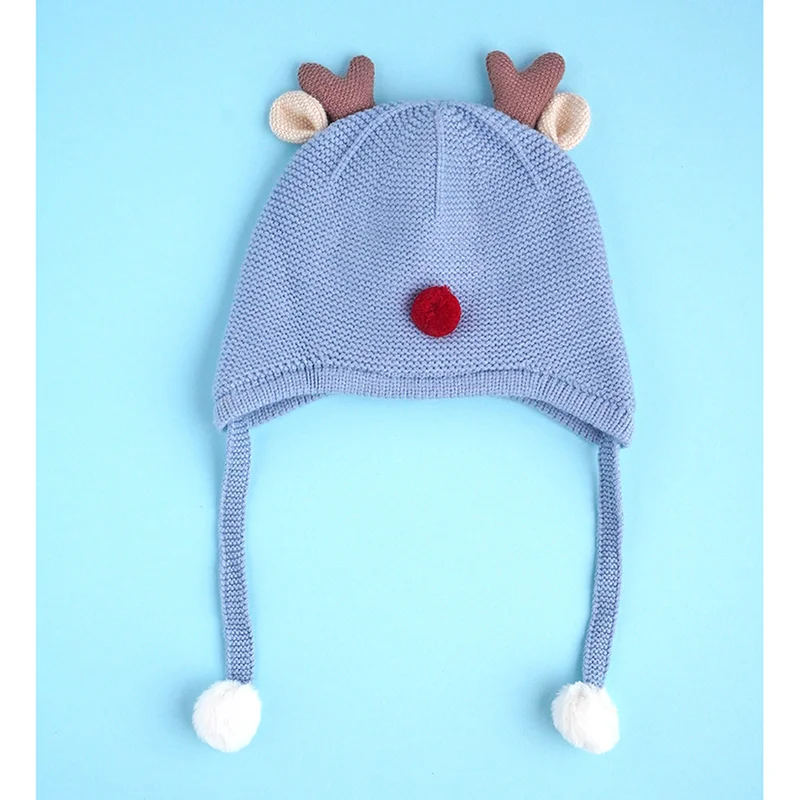 LITTLE SURPRISE BOX Blue Baby Antler Knitted Soft Woolen Winter Cap With Tie Up 6-18 Months