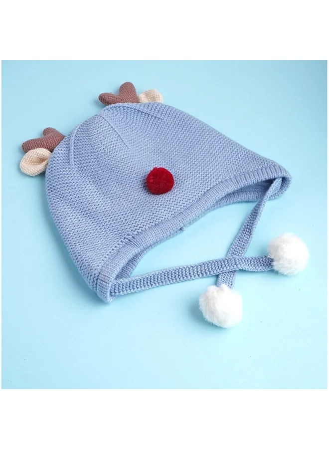 LITTLE SURPRISE BOX Blue Baby Antler Knitted Soft Woolen Winter Cap With Tie Up 6-18 Months
