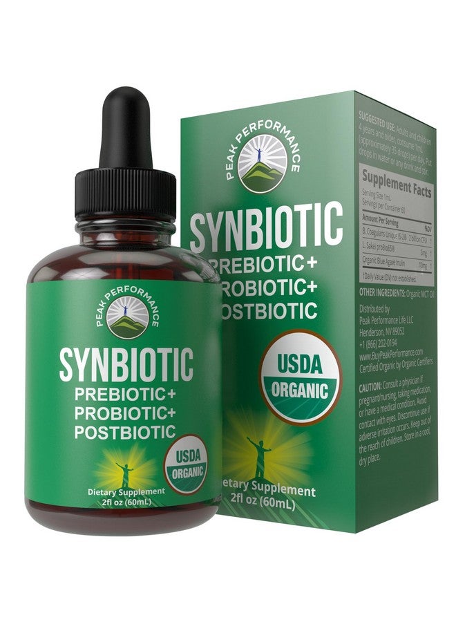 Peak Performance Organic Synbiotic = Prebiotics + Probiotics + Postbiotics 3-in-1 Supplement for Women, Men, & Kids. Pre, Pro, & Post Biotics Liquid Drops for Gut + Microbiome Balance. Made in USA, Vegan, Zero Sugar - Image 1