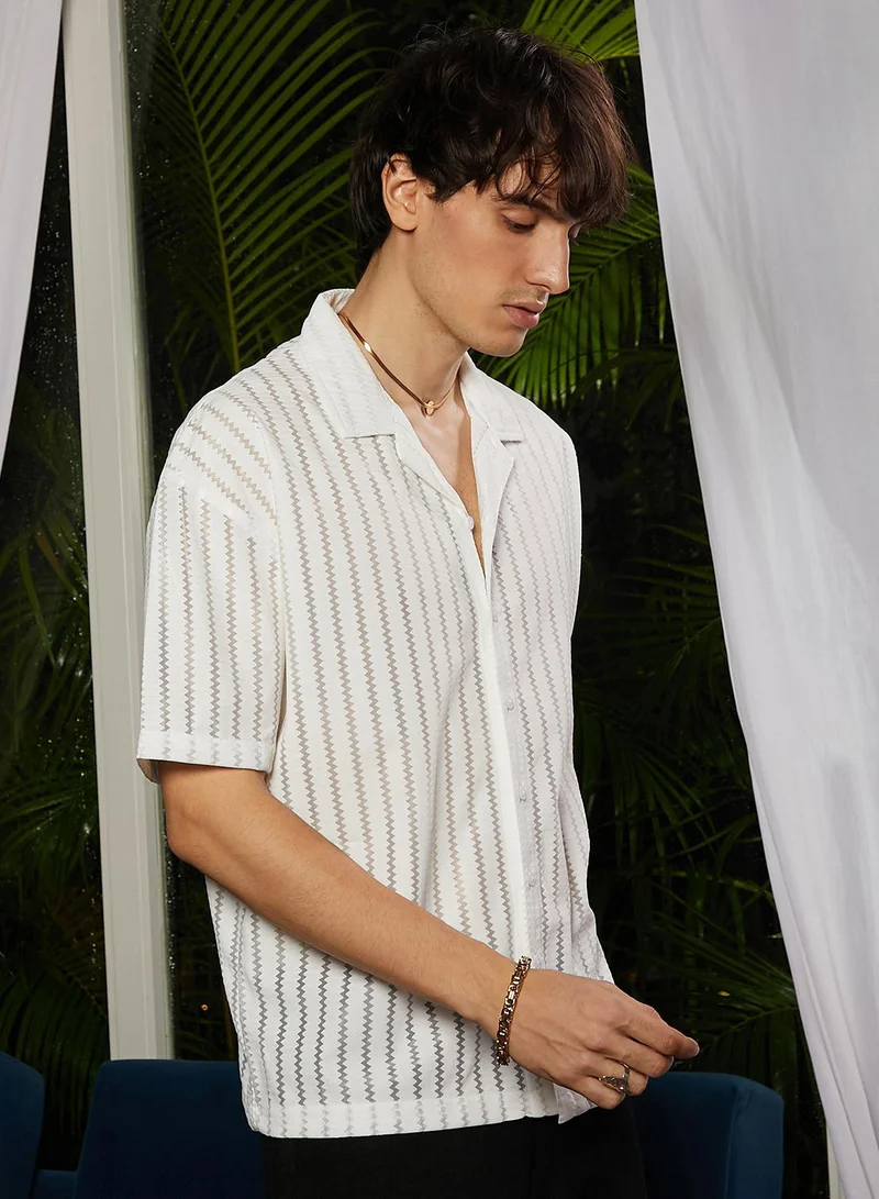 CAHOOT  Men's Cream White Zig-Zag Sheer Shirt for Men | Best Price UAE