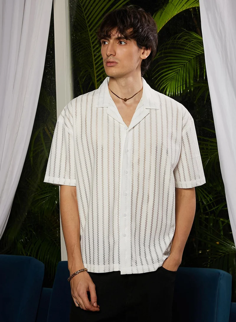 CAHOOT  Men's Cream White Zig-Zag Sheer Shirt for Men | Best Price UAE