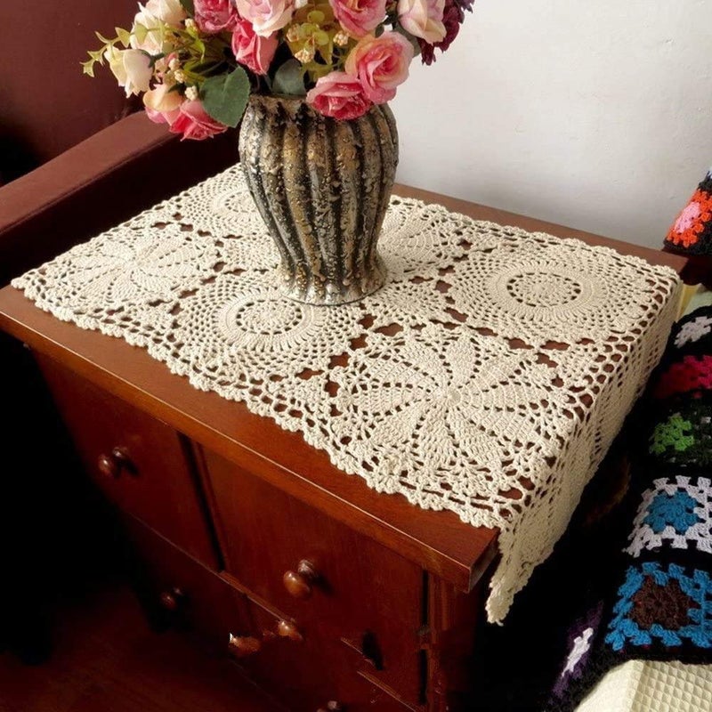 Abreeze Rustic Floral Table Runner Hand Crochet Table Placemats Beige Cotton Table Doilies Runners  2Pc 15.7 Inchx31.5Inch - Image 1
