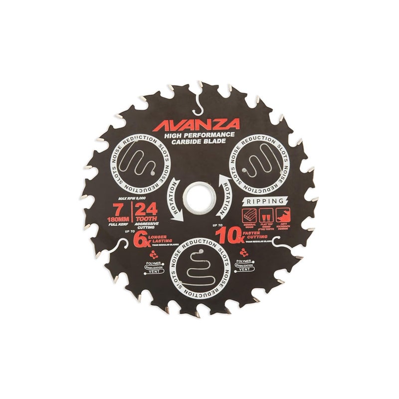 AVANZA Full-Kerf TCT Saw Blade 7 X 24. Best suited for ripping woods and framing purposes. SUPER FAST! DuraShield™ coated and Anti-Vibration Technology in-built. - Image 1