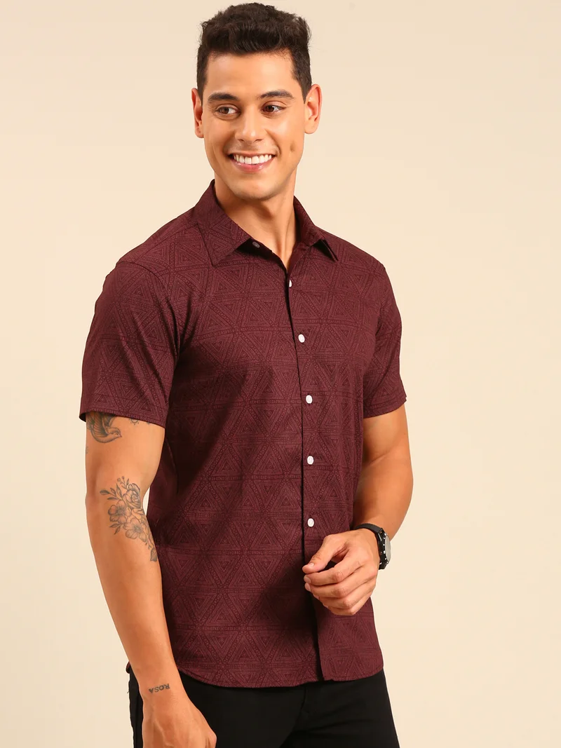 Joven  Maroon Printed Cotton Shirt for Men for Men | Best Price UAE
