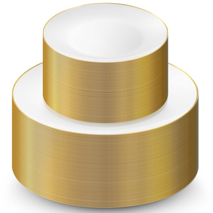 100 GOLD PLASTIC PLATES SET 50 PCS 1025 INCH DISPOSABLE DINNER AND 50 PCS 75 INCH DESSERT PLATES ELEGANT FANCY HEAVY DUTY FOR PARTY WEDDING WHITE WITH GOLD RIM