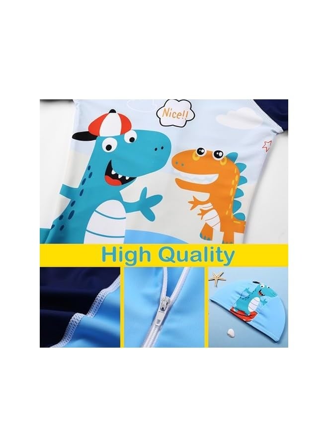 Boys One Piece Swimsuit Toddler Swimwear Rash Guard Suits Short Sleeve Zipper Bathing Suit Beach with Hat Dinosaur Swimsuit Set  - Image 4