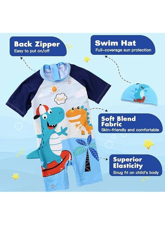 Boys One Piece Swimsuit Toddler Swimwear Rash Guard Suits Short Sleeve Zipper Bathing Suit Beach with Hat Dinosaur Swimsuit Set  - Image 3
