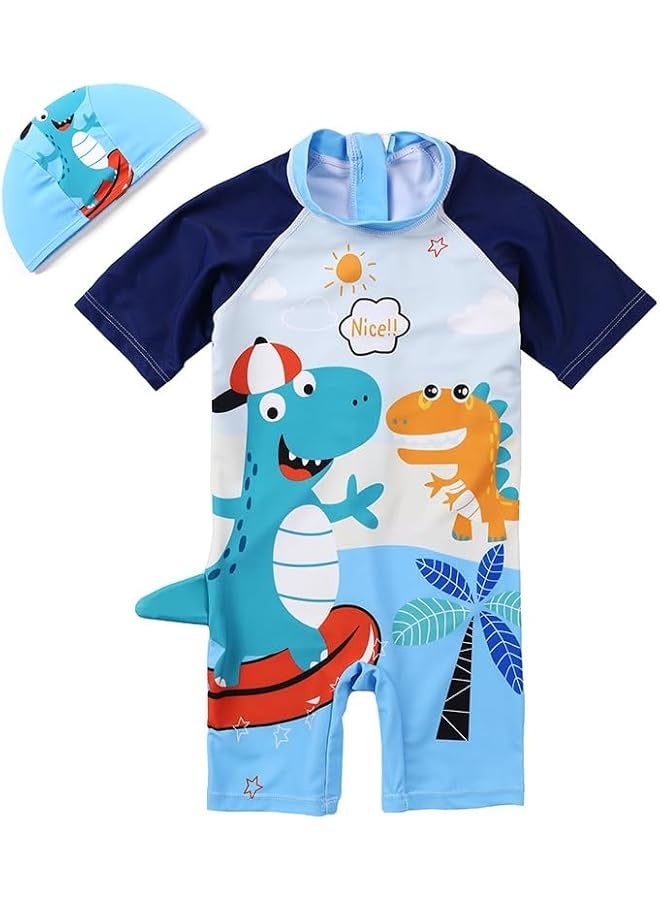 Boys One Piece Swimsuit Toddler Swimwear Rash Guard Suits Short Sleeve Zipper Bathing Suit Beach with Hat Dinosaur Swimsuit Set  - Image 1