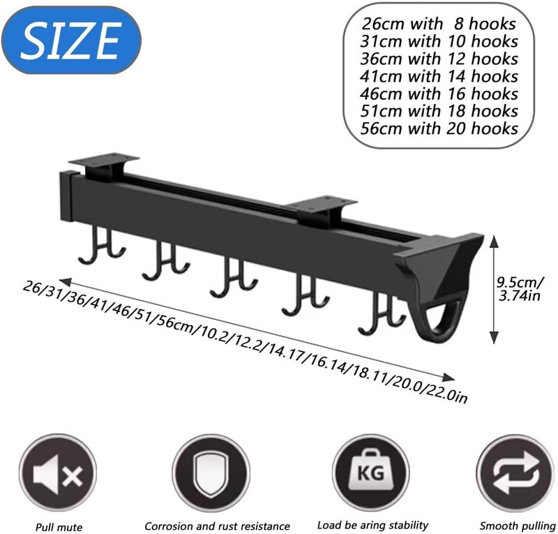 Push-Pull Pot Storage Rack for Kitchen Cabinets - Sliding Kitchen Utensils Holder with Double Row Hook, Clothes Hanger Storage Artifact Under The Wall Cabinet (Size : 56cm/22.0inch) - Image 2