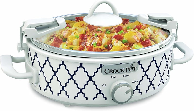 كروك بوت قدر الطهي البطيء Crock-Pot صغير سعة 2.5 لتر بلون أبيض/أزرق، يتميز بوجبات سريعة وجذابة للنظر، وهو متين ومدمج في الحجم. - Image 1