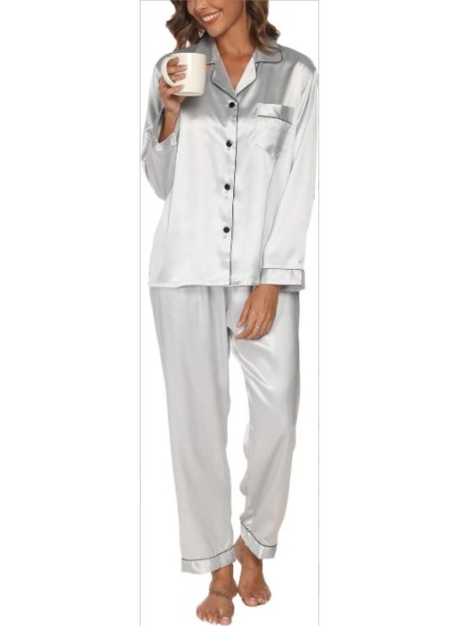 roaiss Women's Comfy Pajama Sets Long-Sleeve Button down Notch Collar Lapel Shirt Loose-Fitting Chest Pocket Loungewear Elastic Waistband Pants Ultra-Thin Ice Silk Sleepwear Soft Pjs Lounge Sets for Ladies, Gray - Image 1