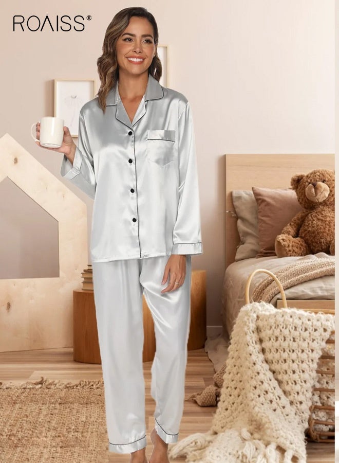 roaiss Women's Comfy Pajama Sets Long-Sleeve Button down Notch Collar Lapel Shirt Loose-Fitting Chest Pocket Loungewear Elastic Waistband Pants Ultra-Thin Ice Silk Sleepwear Soft Pjs Lounge Sets for Ladies, Gray - Image 5