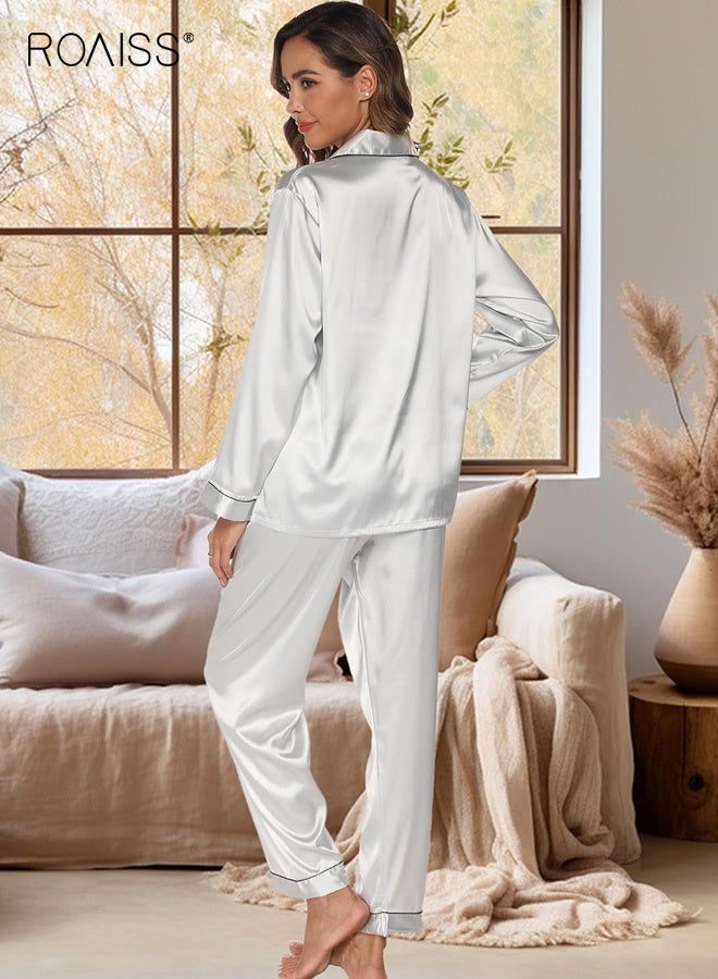 roaiss Women's Comfy Pajama Sets Long-Sleeve Button down Notch Collar Lapel Shirt Loose-Fitting Chest Pocket Loungewear Elastic Waistband Pants Ultra-Thin Ice Silk Sleepwear Soft Pjs Lounge Sets for Ladies, Gray - Image 3