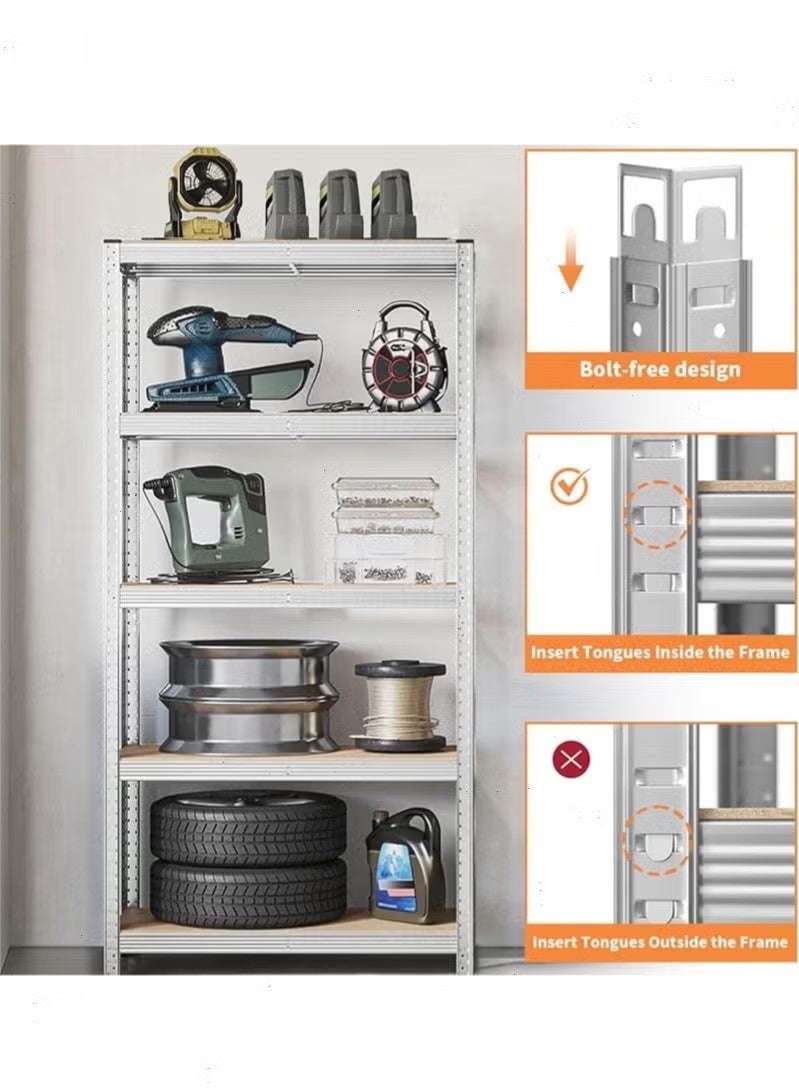 Beauenty 5-Tier Adjustable Storage Shelves with Boltless Assembly - Silver Storage Rack for Garage, Shed, Warehouse & Basement | Easy Install & Durable Design 70*40*180cm - Image 3