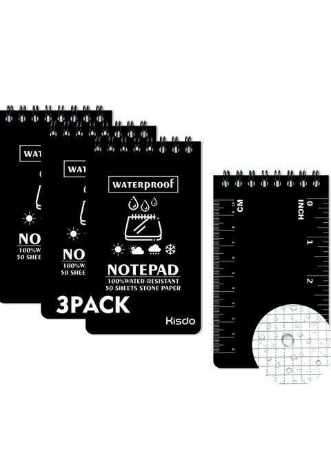 Waterproof Spiral Notepad 3x5 - 3 Pack Pocket Memo Pads for Outdoor Use, Black