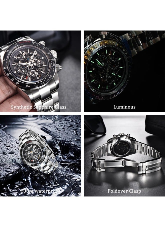 Men's Automatic Mechanical Watches, Stainless Steel 40MM Frame, Sapphire Glass Surface, Stainless Steel Strap, Fashion Casual Business Watches PD1777 Black