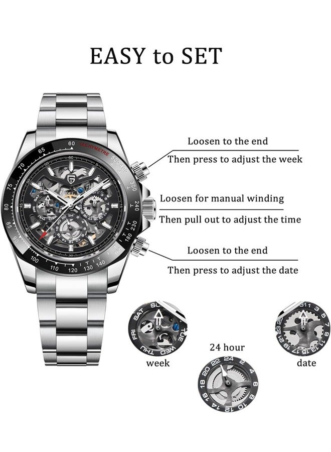 Men's Automatic Mechanical Watches, Stainless Steel 40MM Frame, Sapphire Glass Surface, Stainless Steel Strap, Fashion Casual Business Watches PD1777 Black