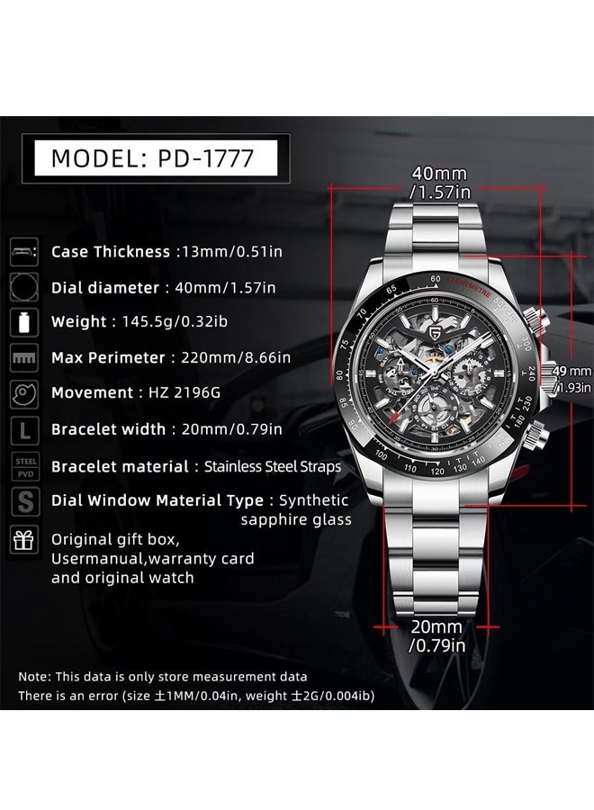 Men's Automatic Mechanical Watches, Stainless Steel 40MM Frame, Sapphire Glass Surface, Stainless Steel Strap, Fashion Casual Business Watches PD1777 Black