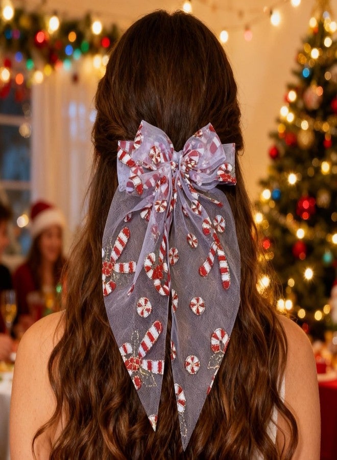 Charmark 1Pcs Christmas Hair Bow Clips Xmas Candy Hair Clips White Long Tail Hair Ribbons Cute Hair Accessories for Women Girls Cosplay Party Hair Styling Decorations (Christmas Candy) - Image 2