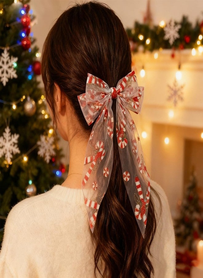 Charmark 1Pcs Christmas Hair Bow Clips Xmas Candy Hair Clips White Long Tail Hair Ribbons Cute Hair Accessories for Women Girls Cosplay Party Hair Styling Decorations (Christmas Candy) - Image 3