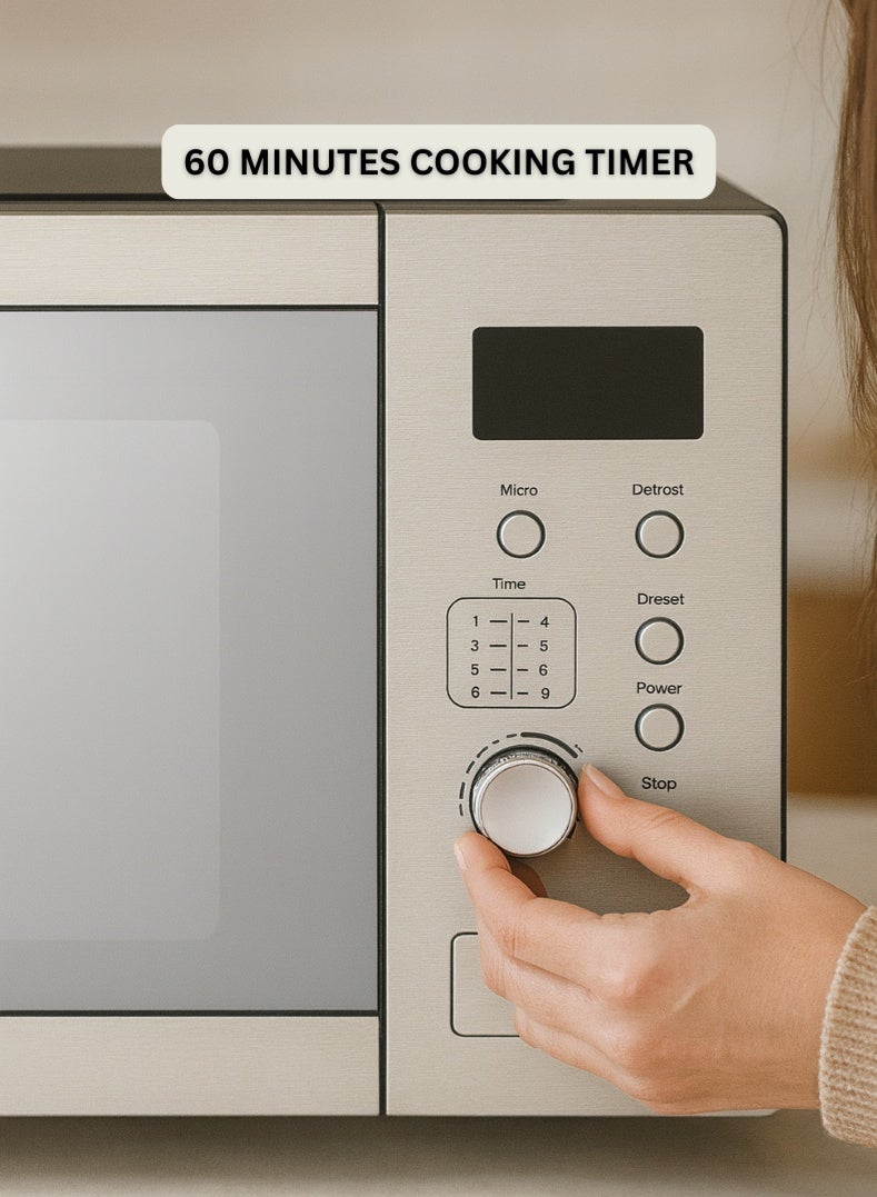 Venus فرن ميكروويف جريل سعة 25 لتر | 1200 واط وظيفة جريل وإعادة تسخين قوية | هيكل من الفولاذ المقاوم للصدأ الفاخر | مؤقت طهي لمدة 60 دقيقة | باب أوتوماتيكي بلمسة مرآة مع مقبض تحكم كروم | وظيفة متعددة لإذابة الجليد، الشواء والطهي – موديل VMO25GS - Image 4