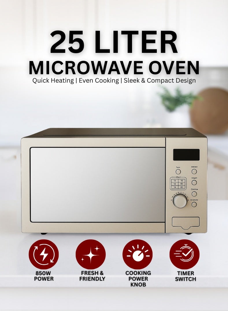 Venus فرن ميكروويف جريل سعة 25 لتر | 1200 واط وظيفة جريل وإعادة تسخين قوية | هيكل من الفولاذ المقاوم للصدأ الفاخر | مؤقت طهي لمدة 60 دقيقة | باب أوتوماتيكي بلمسة مرآة مع مقبض تحكم كروم | وظيفة متعددة لإذابة الجليد، الشواء والطهي – موديل VMO25GS - Image 1