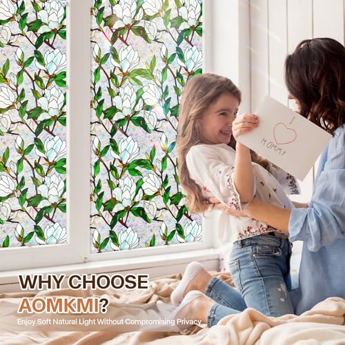Aomkmi Stained Glass Window Film UV Resistant Window Privacy Film White Floral Privacy Rainbow Decals Living Room Bedroom Sun Blocking Decor Removable Static Cling Stickers 17 x 7874 Inch - Image 3