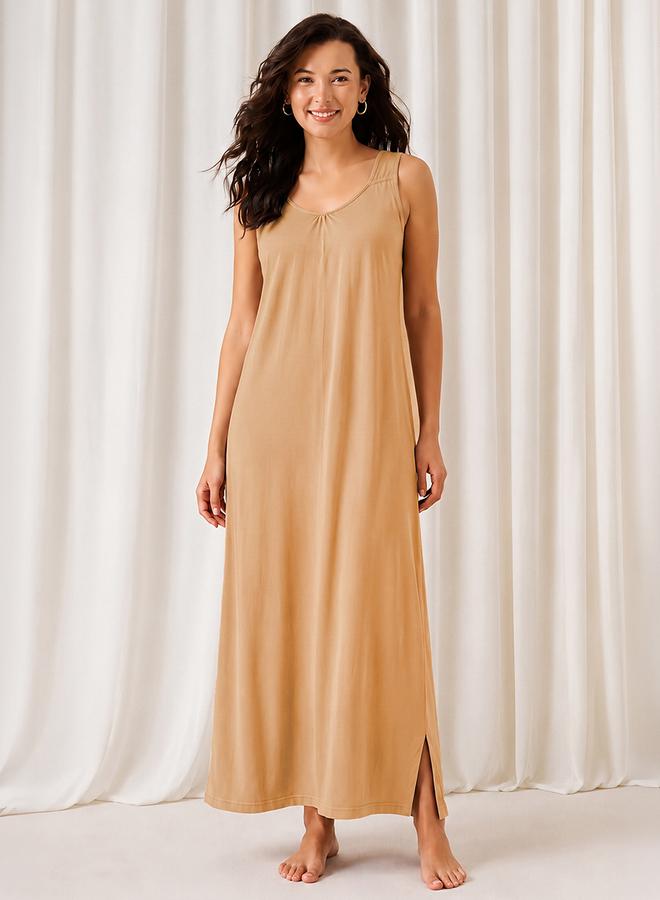 Clovia Nude Cotton Blend Nightdress with Side Slit - Image 1