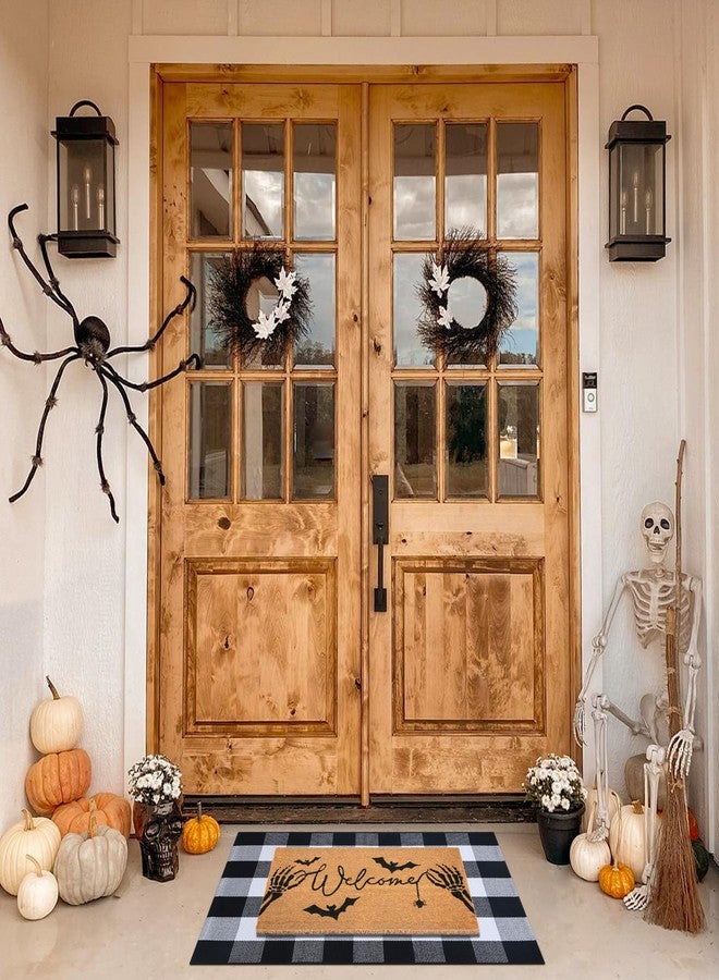Fallovea Halloween Welcome Door Mat Combo Set, Skeletal Hand Coco Coir Doormat -28" x 43" Black and White Plaid Rug, Autumn Front Porch Entryway Decor Floor Mat - Image 3