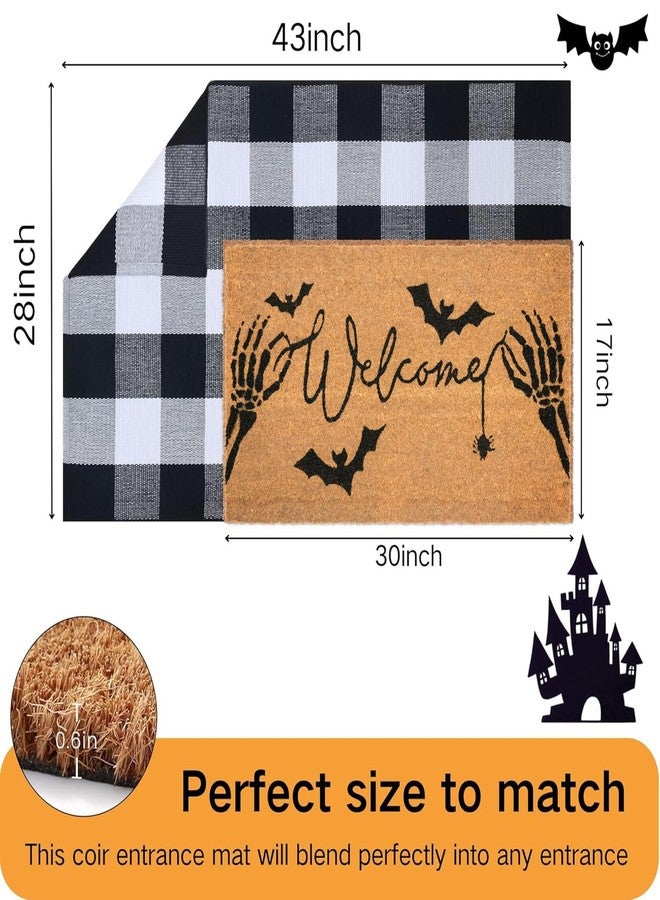 Fallovea Halloween Welcome Door Mat Combo Set, Skeletal Hand Coco Coir Doormat -28" x 43" Black and White Plaid Rug, Autumn Front Porch Entryway Decor Floor Mat - Image 4