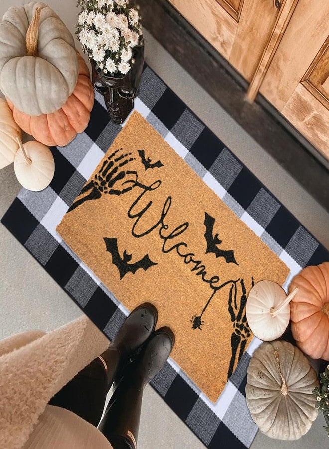 Fallovea Halloween Welcome Door Mat Combo Set, Skeletal Hand Coco Coir Doormat -28" x 43" Black and White Plaid Rug, Autumn Front Porch Entryway Decor Floor Mat - Image 1