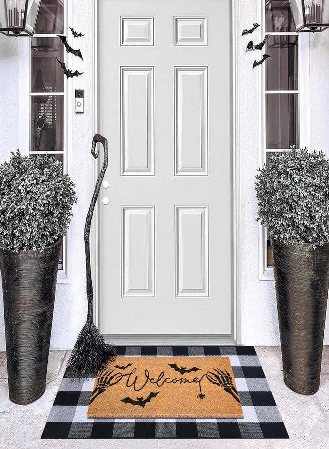 Fallovea Halloween Welcome Door Mat Combo Set, Skeletal Hand Coco Coir Doormat -28" x 43" Black and White Plaid Rug, Autumn Front Porch Entryway Decor Floor Mat - Image 2