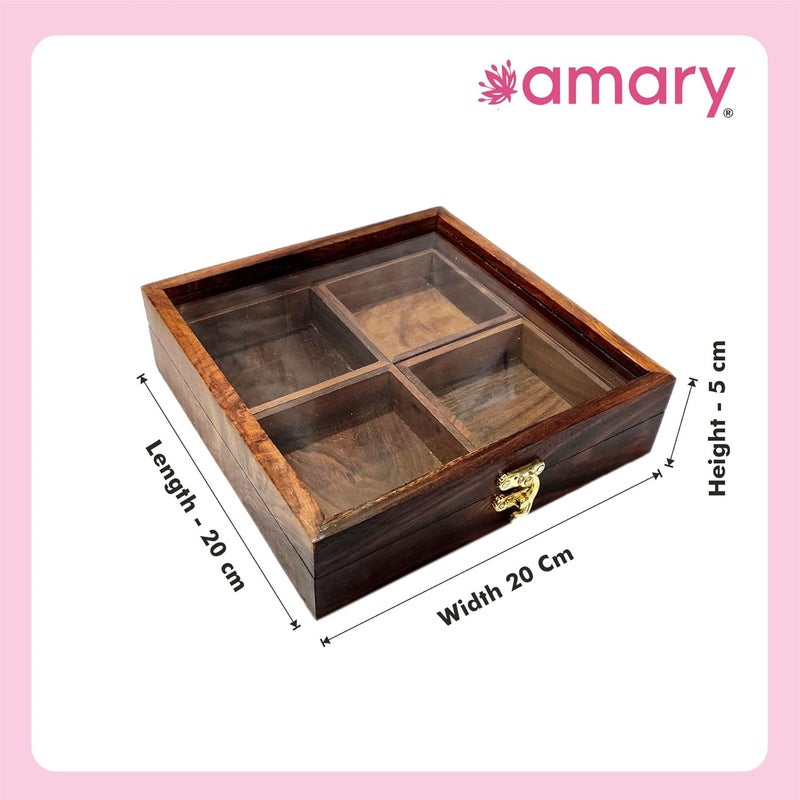 AMARY Handcrafted Sheesham Wood Spice Box 4 Detachable Containers Spoon Masala Box for Kitchen Storage Dcor Traditional Indian Wooden Organizer for Spices Dry Fruits - Image 2