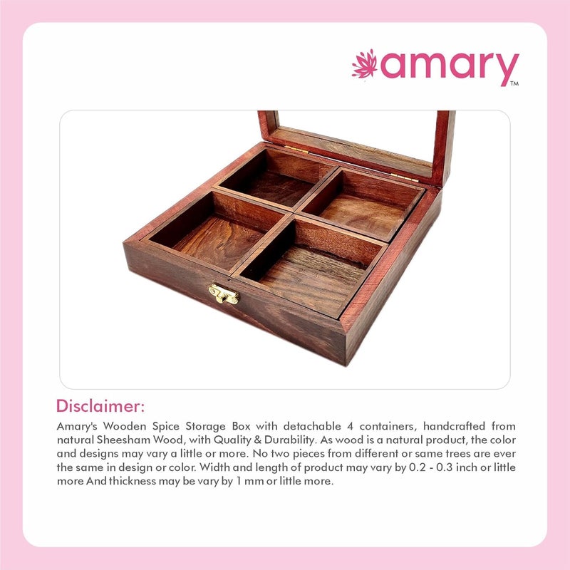 AMARY Handcrafted Sheesham Wood Spice Box 4 Detachable Containers Spoon Masala Box for Kitchen Storage Dcor Traditional Indian Wooden Organizer for Spices Dry Fruits - Image 4