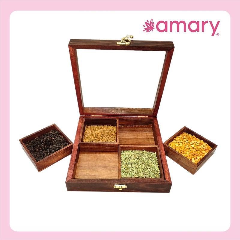 AMARY Handcrafted Sheesham Wood Spice Box 4 Detachable Containers Spoon Masala Box for Kitchen Storage Dcor Traditional Indian Wooden Organizer for Spices Dry Fruits - Image 5