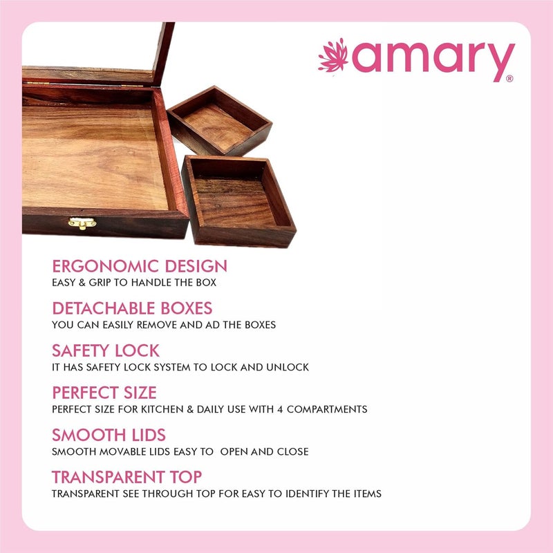 AMARY Handcrafted Sheesham Wood Spice Box 4 Detachable Containers Spoon Masala Box for Kitchen Storage Dcor Traditional Indian Wooden Organizer for Spices Dry Fruits - Image 3