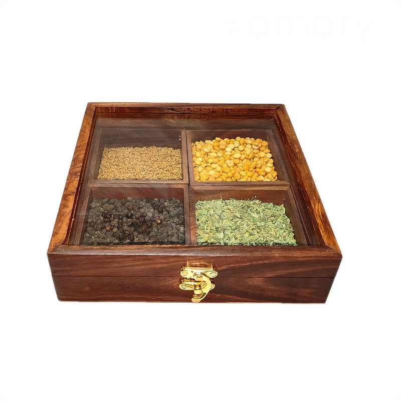 AMARY Handcrafted Sheesham Wood Spice Box 4 Detachable Containers Spoon Masala Box for Kitchen Storage Dcor Traditional Indian Wooden Organizer for Spices Dry Fruits - Image 1