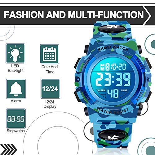 Dodosky Boy Toys Age 5-15, LED 50M Waterproof Digital Sport Watches for Kids Birthday Presents Gifts for 5-15 Year Old Boys - Navy Camouflage - Image 3