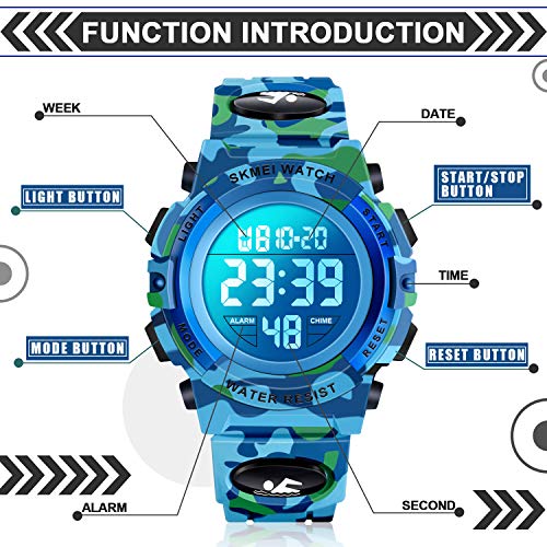Dodosky Boy Toys Age 5-15, LED 50M Waterproof Digital Sport Watches for Kids Birthday Presents Gifts for 5-15 Year Old Boys - Navy Camouflage - Image 2