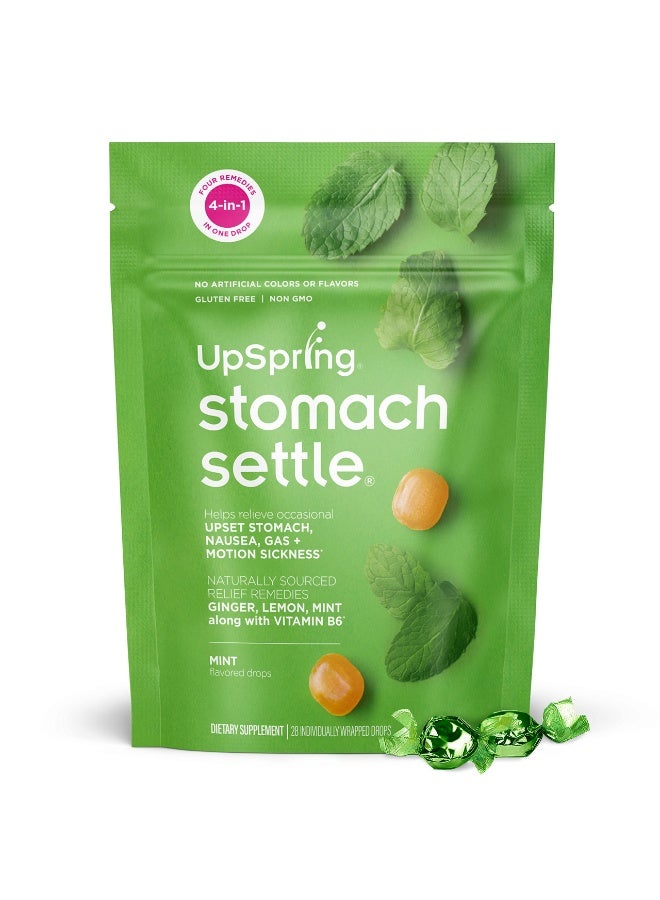 UpSpring Stomach Settle Drops for Nausea, Gas, Bloating, Morning Sickness and Motion Sickness Relief with Ginger, Lemon, Spearmint, and B6, 28 Count Individually Wrapped Drops for Tummy - Image 1