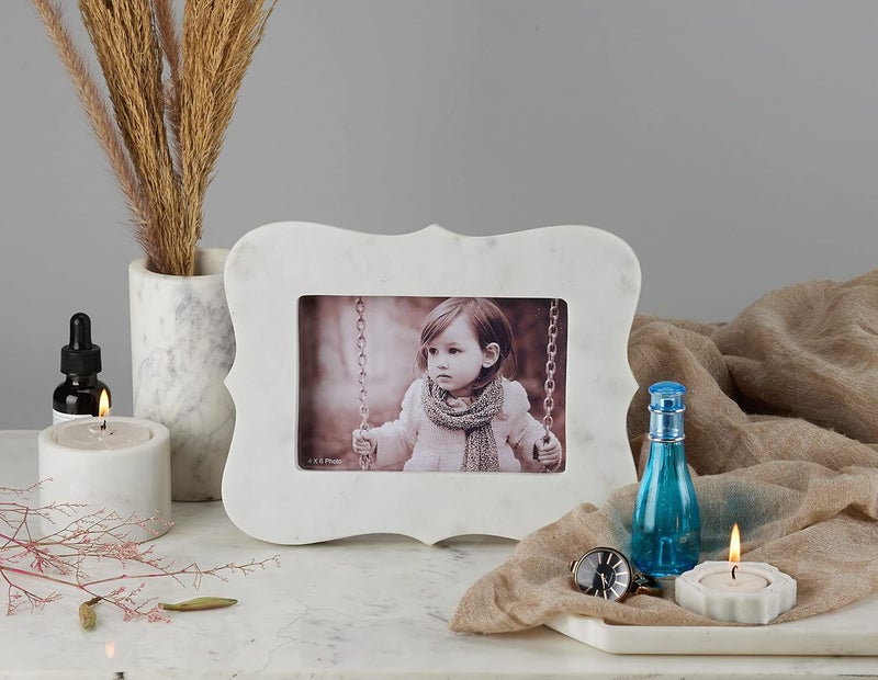 Stone Essential Lisa Marble Photo Frame For Gift Table And Couple Room Decoration Photo Size 6X4 Inch Tabletop White - Image 3