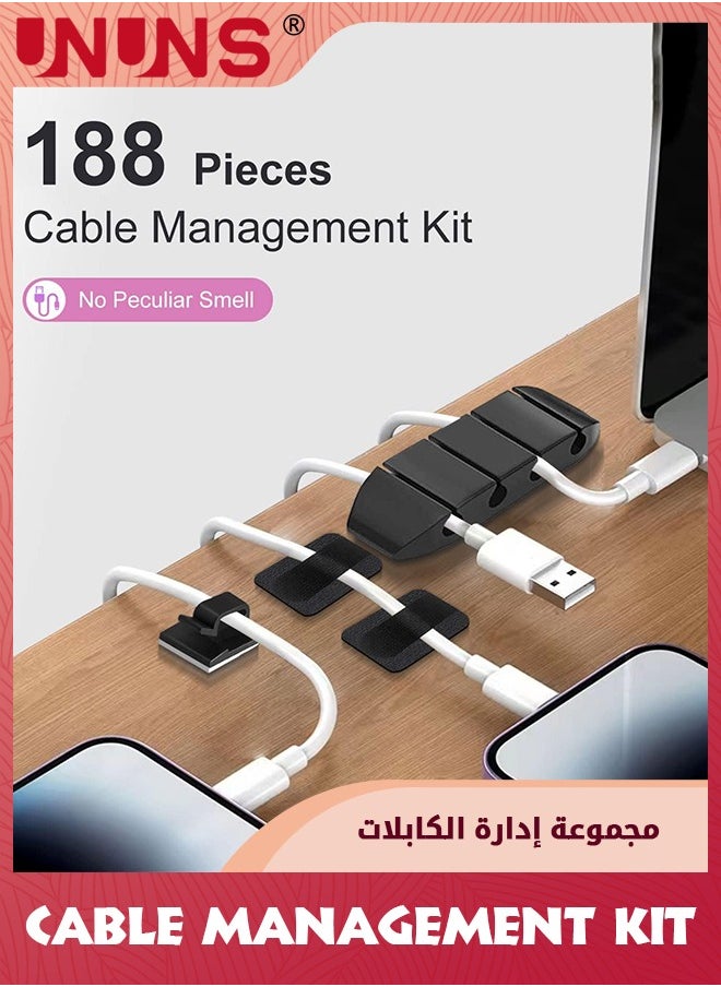 UNUNS 188Pcs Cable Management Kit With 60 Cable Clip Holders,6 Cable Sleeves,2 Self Adhesive Rolls,20 Fastening Tapes And 100 Self-Locking Cable Ties,Cable Tidy Kit For Desk,Car And Office  - Image 2