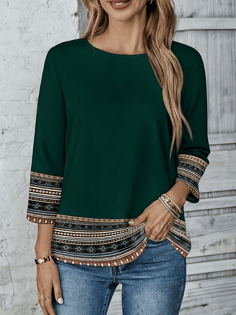 Light Luxury Bohemian Ethnic Print Top, Women's Loose Fit Three - Quarter Sleeve Round Neck Shirt - Dark Green / S - Image 3