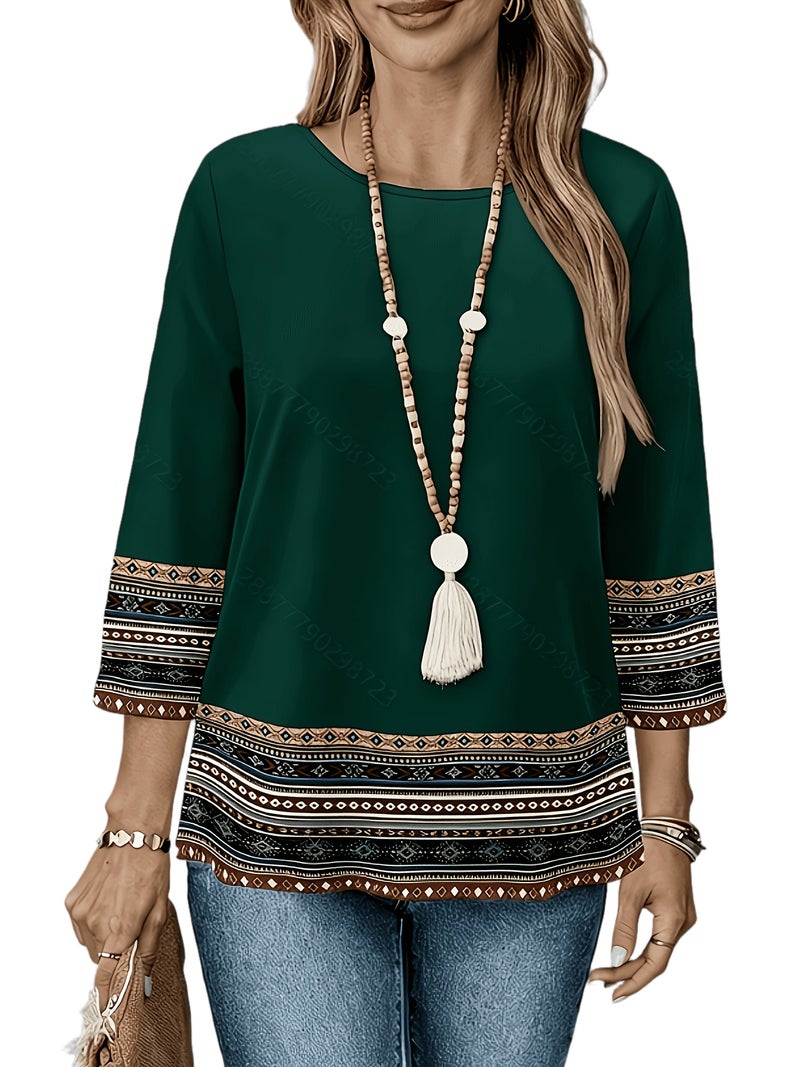 Light Luxury Bohemian Ethnic Print Top, Women's Loose Fit Three - Quarter Sleeve Round Neck Shirt - Dark Green / S - Image 1