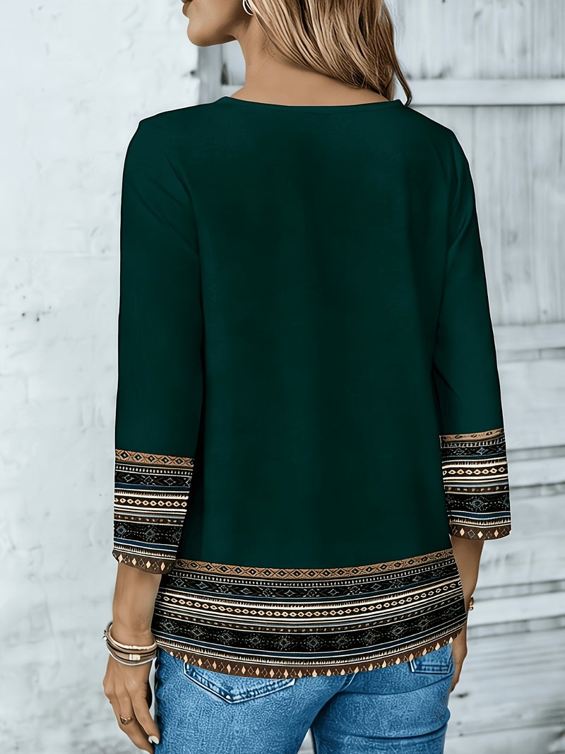 Light Luxury Bohemian Ethnic Print Top, Women's Loose Fit Three - Quarter Sleeve Round Neck Shirt - Dark Green / S - Image 2