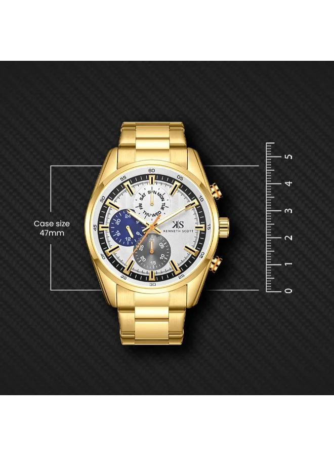 Kenneth Scott White Kenneth Scott Men's Epson VX9N Movement Watch, Analog Display and Stainless Steel Strap - K24117-GBGW, Gold for Men | Best Price UAE