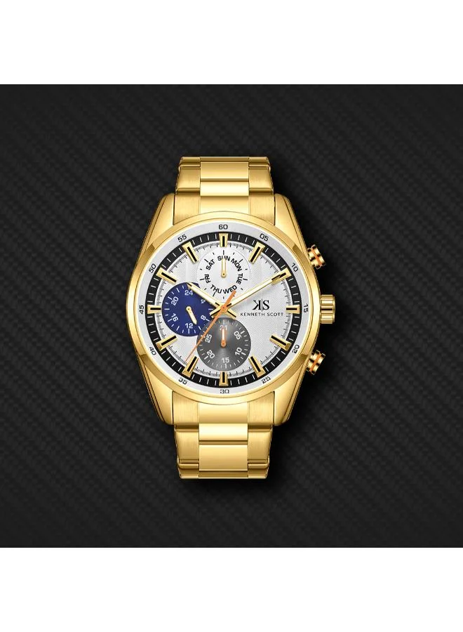 Kenneth Scott White Kenneth Scott Men's Epson VX9N Movement Watch, Analog Display and Stainless Steel Strap - K24117-GBGW, Gold for Men | Best Price UAE